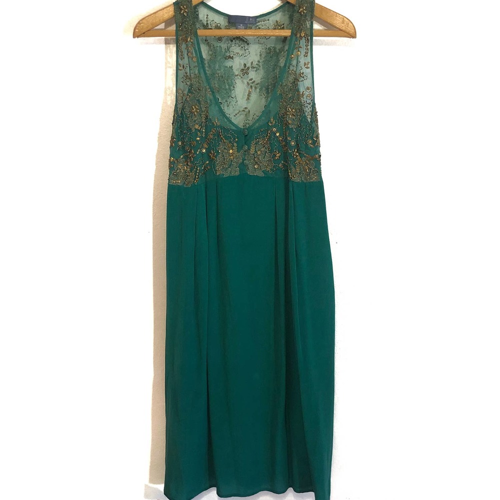 Lil Anthropologie green silk dress w/ gold beading. Size 10.